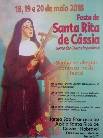 Festa de Santa Rita de Cássia acontece neste final de semana